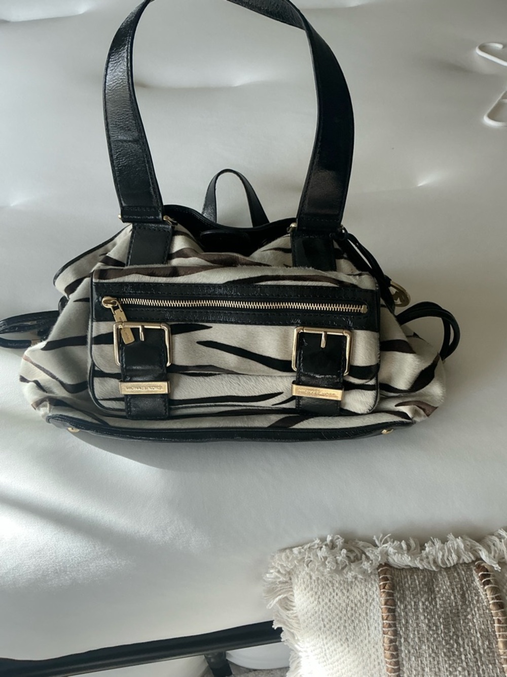 MICHAEL Michael Kors Black and White Zebra-Print Shoulder Bag with Gold Hardware